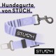 Lavendel-Hundeleine von STUCH, mit einem stabilen Clip und einem schwarzen Logo-Patch, mit dem Text "Hundegurte von STUCH."
