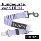 Lavendel-Hundeleine von STUCH, mit einem stabilen Clip und einem schwarzen Logo-Patch, mit dem Text "Hundegurte von STUCH."