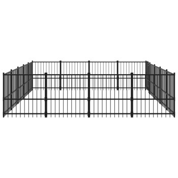 Schwarzes Metall-Haustierspielgehege mit vertikalen Stangen, entworfen für den Außeneinsatz, mit rechteckiger Form und sicherem Zaun.