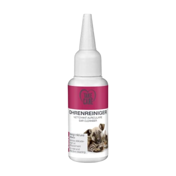 Bouteille de nettoyant pour oreilles "Take Care" pour animaux, étiquetée "Ohrenreiniger" avec des images d'un chien et d'un chat, mettant en avant un nettoyage doux et efficace.