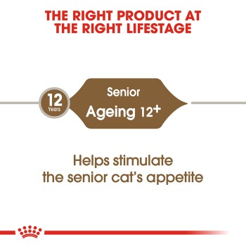 Senior cat food packaging highlighting "Ageing 12+" for cats 12 years and older, with a claim to help stimulate appetite.