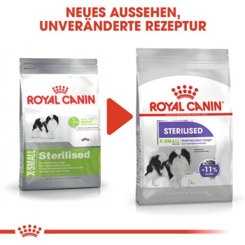 Zwei Royal Canin Hundefuttertüten: links "X-Small Sterilised" für gesundes Gewicht, rechts "Sterilised X-Small" mit "-11% Kalorien."