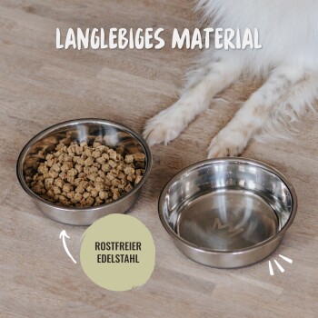 Edelstahl-Haustierschalen auf einem Holzboden, eine gefüllt mit Trockenfutter und die andere mit Wasser, mit sichtbaren Hundepfoten.