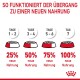 Infografik, die den Übergang zu neuem Haustierfutter über sieben Tage detailliert darstellt, mit Prozentangaben für neues Futter: 25%, 50%, 75% und 100%.