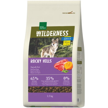 Sac de nourriture pour animaux Real Nature Wilderness Rocky Hills Adult Mini avec image de loup, « Beef with Goat », 65% 35% 0%, 2,5 kg.
