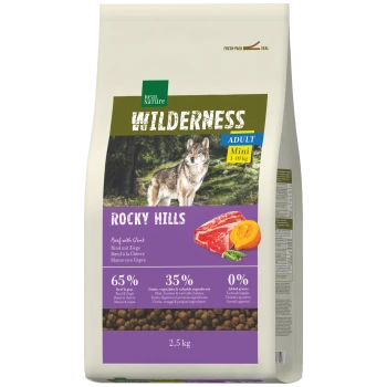 Sac de nourriture pour animaux Real Nature Wilderness Rocky Hills Adult Mini avec image de loup, « Beef with Goat », 65% 35% 0%, 2,5 kg.