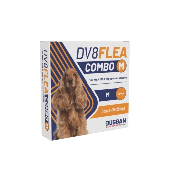 Box of DV8 FLEA COMBO M with brown cocker spaniel, spot-on 1.34 ml for dogs 10–20 kg, Duggan Veterinary logo
