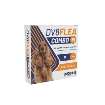 Box of DV8 FLEA COMBO M with brown cocker spaniel, spot-on 1.34 ml for dogs 10–20 kg, Duggan Veterinary logo