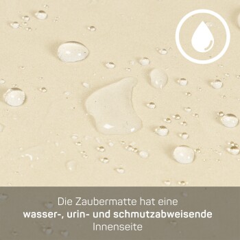Nahaufnahme einer beigen Matte mit Wassertropfen, mit einem Text in deutscher Sprache, der besagt, dass sie eine wasser-, urin- und schmutzabweisende Innenseite hat.