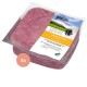 Rohes Rindfleisch verpackt in einem klaren Tablett, beschriftet mit "proCani buy nature", mit deutschem Text, der "Maufleisch / Lefzen" und Nährwertangaben enthält.