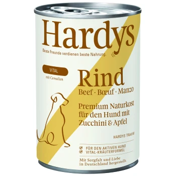 Dosen-Hundefutter, das mit "Hardys Rind" beschriftet ist und Rindfleisch, Zucchini und Apfel enthält. Der Text hebt hochwertige natürliche Zutaten und Vitalitätsformel hervor.