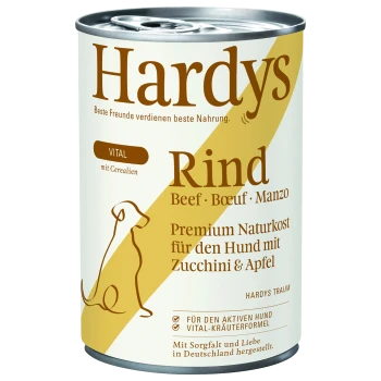 Karma w puszce dla psów oznaczona jako "Hardys Rind" z wołowiną, cukinią i jabłkiem. Tekst podkreśla naturalne składniki premium i formułę witalności.