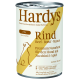 Karma w puszce dla psów oznaczona jako "Hardys Rind" z wołowiną, cukinią i jabłkiem. Tekst podkreśla naturalne składniki premium i formułę witalności.