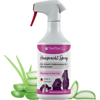 TierPlus Haarpracht Spray für Haustiere in einer 500 ml Flasche, mit roßer Düse und Bildern eines Hundes und eines Pferdes. Hergestellt in Deutschland mit Aloe Vera.