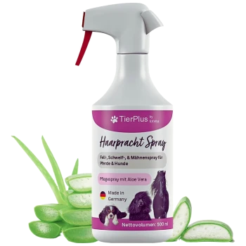 TierPlus Haarpracht Spray für Haustiere in einer 500 ml Flasche, mit roßer Düse und Bildern eines Hundes und eines Pferdes. Hergestellt in Deutschland mit Aloe Vera.