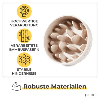 Texturierschüssel aus Bambus für Haustiere mit Hindernissen für langsames Fressen. Höhepunkte sind "Hochwertige Verarbeitung" und "plupet" Branding.