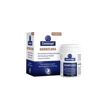 Canosept Flore Intestinale - 30 Comprimés Complément alimentaire Canosept Darmflora pour chiens, en bouteille blanche avec 30 comprimés, promouvant la santé digestive avec des probiotiques.