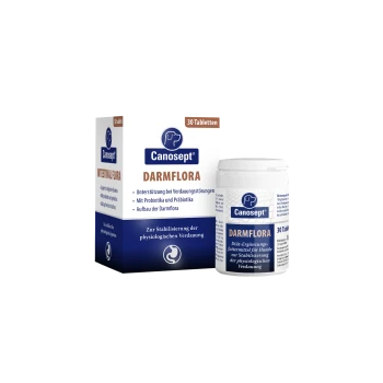 Canosept DARMFLORA Probiotikum Packung und Flasche, 30 Tabletten, blau-weiße Verpackung für Hunde.