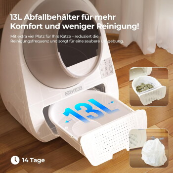 Weißes automatisches Katzenklo mit 13‑Liter-Herausziehmüllschublade, sichtbarer "13L"-Markierung, "CAT-LINK"-Label und Uhrsymbol mit "14 Tage".