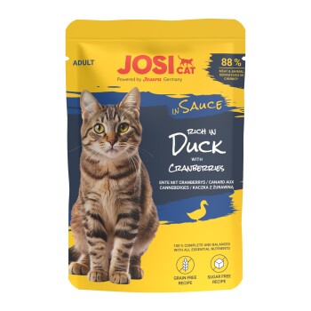 JosiCat Katzenfutterbeutel für erwachsene Katzen, reich an Ente mit Cranberries, 88 % Fleisch, getreidefreie und zuckerfreie Rezeptur.