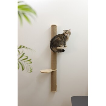 Getigerte Katze sitzt auf einem wandmontierten vertikalen Kratzbaum mit zwei Holzplattformen vor weißer Wand.