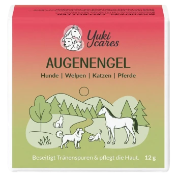Yuki kümmert sich um Fellbutter, ein pfotenförmiger Tierpflegebalsam, neben seiner hellblauen Verpackung mit dem Text "Zur Fellpflege."