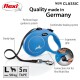 Blue retractable dog leash with ergonomic grip, sturdy tape, and a braking system. 5m length, 50kg max weight. "Quality made in Germany."