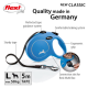 Blue retractable dog leash with ergonomic grip, sturdy tape, and a braking system. 5m length, 50kg max weight. "Quality made in Germany."