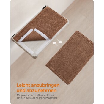 Braune Haustiermatte teilweise angehoben, um ihre Unterseite zu zeigen, mit dem Text "Leicht anzubringen und abzunehmen" und Details zu Klettverschlüssen.