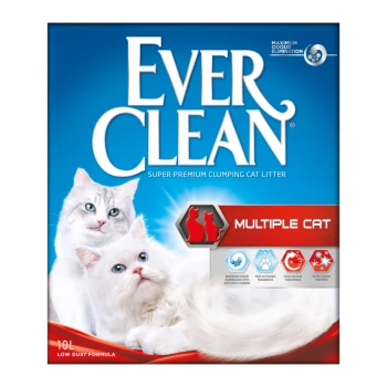 Ever Clean super premium klumpende Katzenstreu-Packung mit zwei weißen Katzen, beschriftet mit "Multiple Cat", 10L, staubarme Formel.