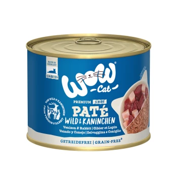 Dose WOW Cat Premium Senior Paté mit Wild und Kaninchen, als getreidefrei gekennzeichnet, mit einem blauen Design und Nährwertangaben.