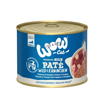 Dose WOW Cat Premium Senior Paté mit Wild und Kaninchen, als getreidefrei gekennzeichnet, mit einem blauen Design und Nährwertangaben.