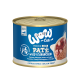 Puszka WOW Cat Premium Senior Paté z dziczyzną i królikiem, oznaczona jako bezglutenowa, z niebieskim wzorem i szczegółami odżywczymi.