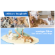 Eine Person verwendet ein Haustierpflegegerät an einem Hund auf einer weichen Matte, mit Text, der "stärkere Saugleistung" und "weniger Lärm" hervorhebt.