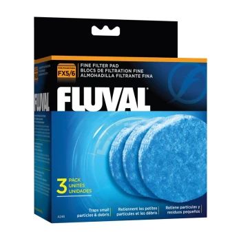 Niebieskie opakowanie dla wkładu filtracyjnego Fluval Fine Filter Pad, zawierające trzy okrągłe wkłady, z tekstem podkreślającym "Zatrzymuje małe cząstki i zanieczyszczenia."