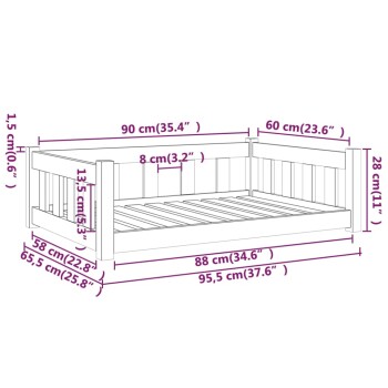 Illustration eines Haustierbettes mit abgemessenen Dimensionen: 90 cm (35,4") Länge, 60 cm (23,6") Breite und 28 cm (11") Höhe.
