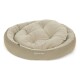 Rundes, plüschiges Haustierbett in einer hellbeigen Farbe mit gepolstertem Design, mit dem Logo 'Doctor Bark' an der Seite.