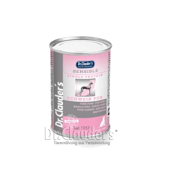 Dose von Dr. Clauder's Sensible Single Protein Hundefutter, beschriftet "Schwein Pur", mit einem pinken Design und einer Hundegrafik.