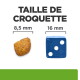 TAILLE DE CROQUETTE : 8,5 mm (croquette montrée à gauche), pastille bleue de 16 mm à droite pour comparaison de taille.