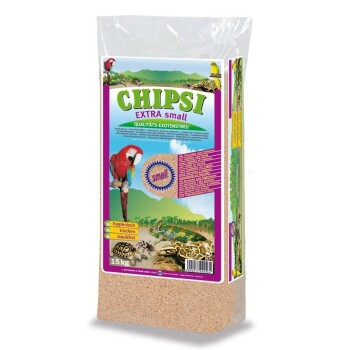 Sack CHIPSI Extra Small Einstreu, 15 kg, bunte Verpackung mit Papagei und Reptilien, Aufschrift 'CHIPSI EXTRA small'