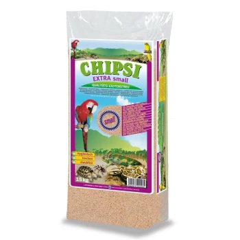 Sack CHIPSI Extra Small Einstreu, 15 kg, bunte Verpackung mit Papagei und Reptilien, Aufschrift 'CHIPSI EXTRA small'