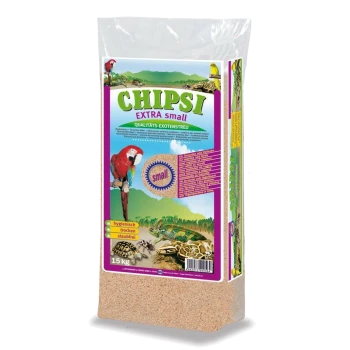 Sack CHIPSI Extra Small Einstreu, 15 kg, bunte Verpackung mit Papagei und Reptilien, Aufschrift 'CHIPSI EXTRA small'