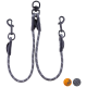 Eine doppelte Hundeleine aus grauem geflochtenem Material mit schwarzen Clips und Griffen, die zwei Befestigungspunkte zum Gassigehen mit zwei Hunden bietet.