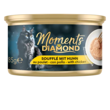 Katze Futterdose mit einem Bild einer schwarzen Katze, beschriftet "Moments Diamond", mit "Soufflé mit Huhn" und "mit Huhn", 85g.