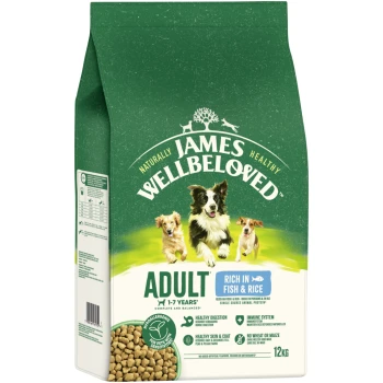 James Wellbeloved Hundefutter für Erwachsene, reich an Fisch & Reis, hypoallergen, 12 kg, mit Bildern von drei Hunden.