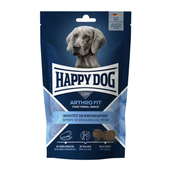 Torba przysmaków Happy Dog ARTHRO FIT dla psów, z szarym psem i tekstem promującym wsparcie układu mięśniowo-szkieletowego.