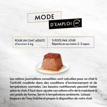 Assiette avec un cube de nourriture humide pour chat et sauce ; les étiquettes indiquent «MODE D'EMPLOI», «POUR UN CHAT ADULTE d'environ 4 kg», «5 POTS PAR JOUR».