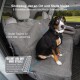 Ein Hund auf einer grauen Autositzabdeckung mit einer großen Tasche, rutschfester Silikonrückseite und verstellbaren Punkten für Leinen oder Leckerlis.