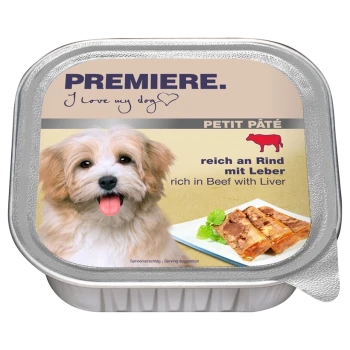 Ein Haustierfutterbehälter mit einem lächelnden hellbraunen Hund. Das Etikett sagt "PREMIERE. Ich liebe meinen Hund" und zeigt Rind- und Leberfutter.