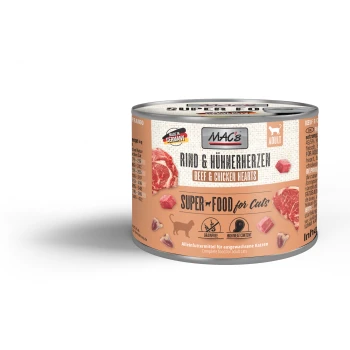 Nassfutter Katze Adult Rind und Hühnerherzen 6x200 g Dosenfutter für Katzen "MAC's Beef & Chicken Hearts," zeigt Fleischbilder und Etiketten "Super Food für Katzen," getreidefrei, hoher Fleischanteil.